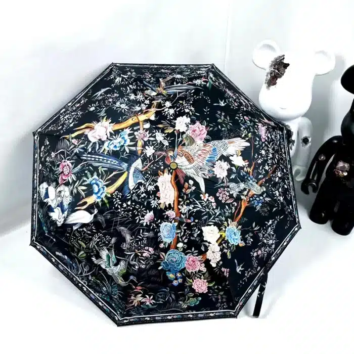 Parapluie Pliant existent de Luxe en Caoutchouc Noir pour Femme, Parasol Ensoleillé, Protection Solaire UV, Phoenix, Oiseau 1