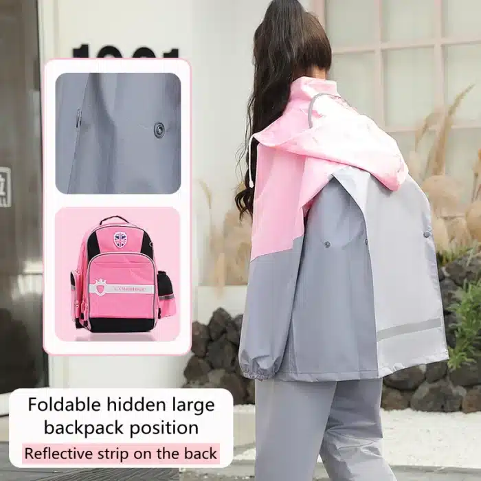 Imperméable et pantalon de pluie assortis pour enfants, veste imperméable complète, imperméable fendu en polyester imbibé, document étudiant, mode 2
